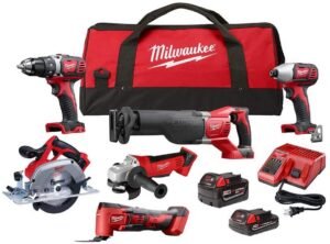 Milwaukee M18 18V Lithium Ion Cordless Combo Kit (6 tools) with two batteries, charger and two tool pouches
