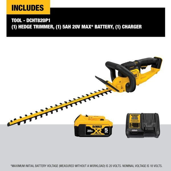 Second image of DEWALT 20V MAX CORDLESS HEDGE TRIMMER, 5.0 AH, 22-INCH (DCHT820P1)