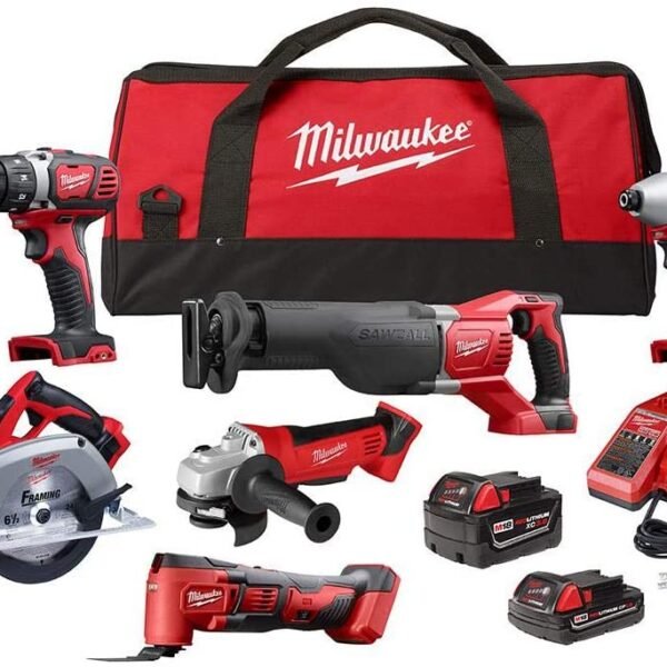 Milwaukee M18 18V Lithium Ion Cordless Combo Kit (6 tools) with two batteries, charger and two tool pouches