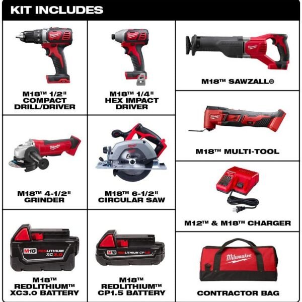 Second image of Milwaukee M18 18V Lithium Ion Cordless Combo Kit (6 tools) with two batteries, charger and two tool pouches